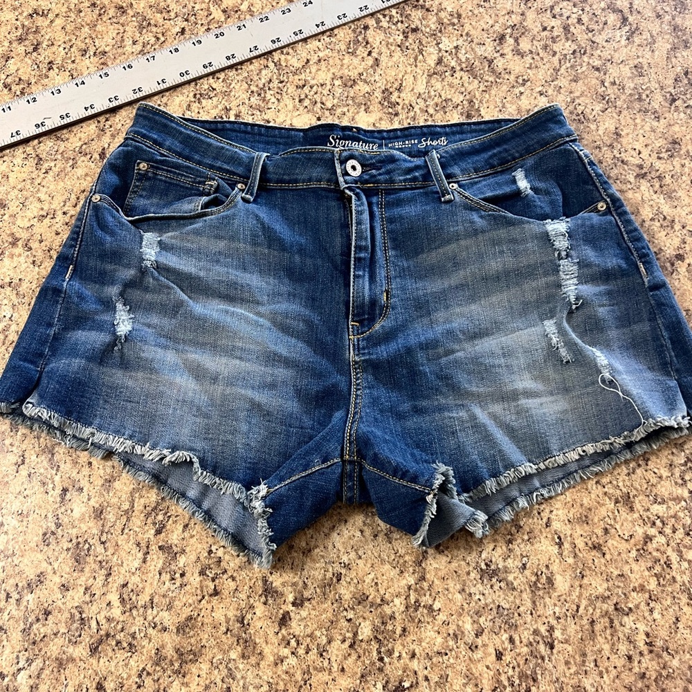 Signature by Levi Strauss Distressed high rise cut off frayed Blue Denim Shorts